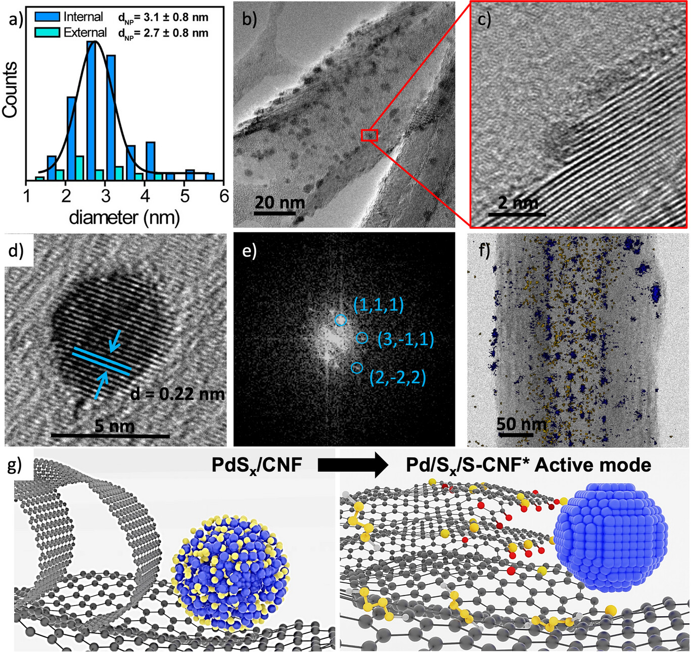 Microscopy and model figure for adaptive catalytic palladium sulfide carbon nanointerfaces